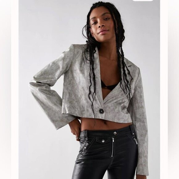 We The Free Block Party Jacket Metallic Silver Faux Leather Cropped Moto Y2K S - Picture 1 of 11